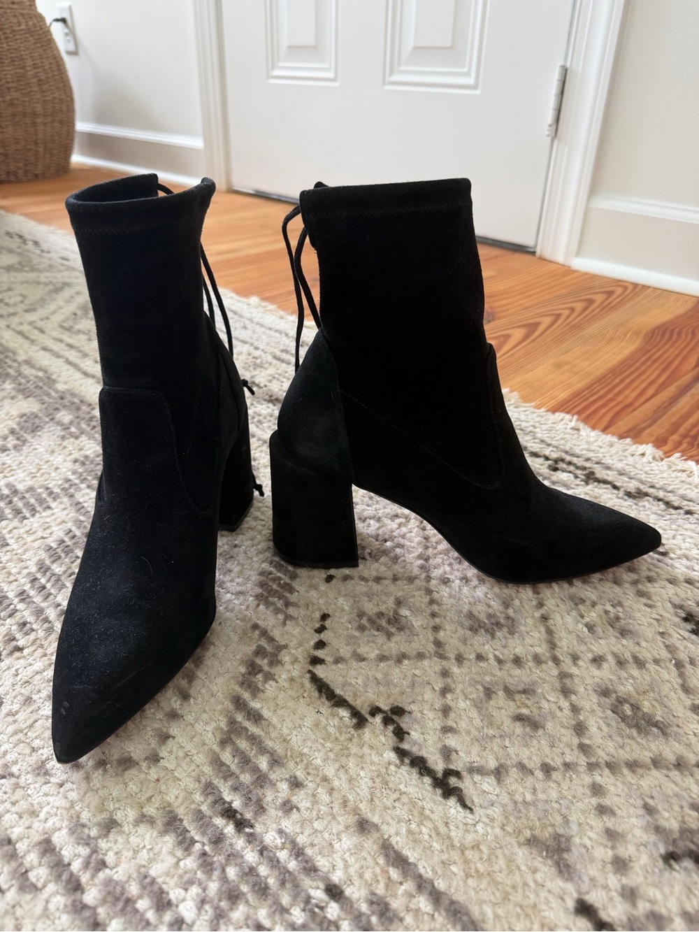 Stuart Weitzman Black Suede Pointed Toe Block Heel Booties